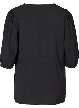 Blouse with puff sleves and a waist tie, Black, Packshot image number 1