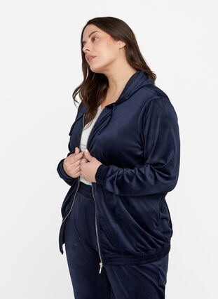 Velour cardigan with zip and hood, Navy Blazer, Model image number 0