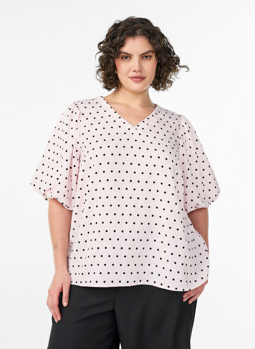 Blouse with polka dot pattern and balloon sleeves, Pink, Model image number 0