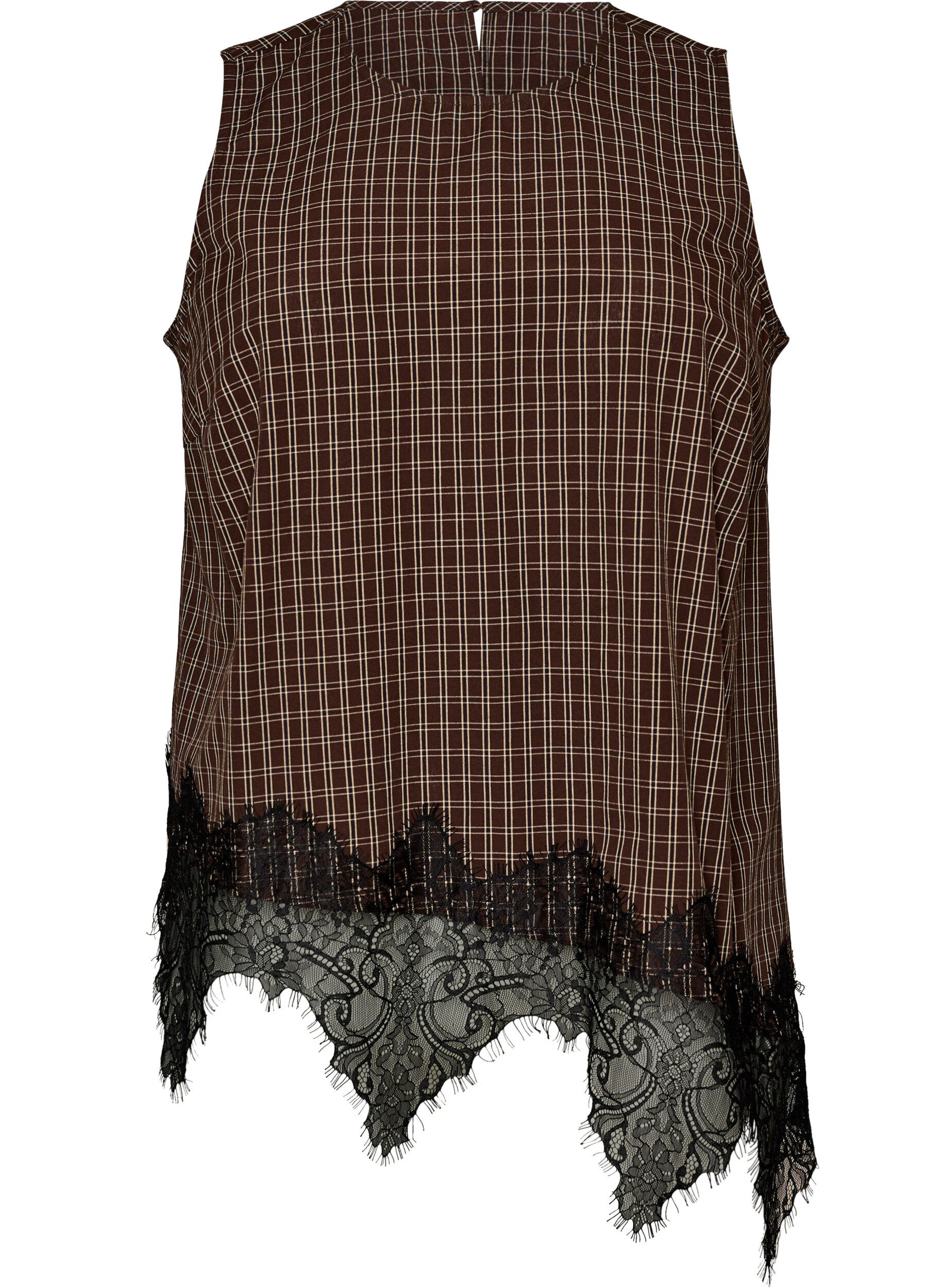 ZizzifashionChecked top with asymmetric lace trim, Brown, Packshot image number 0
