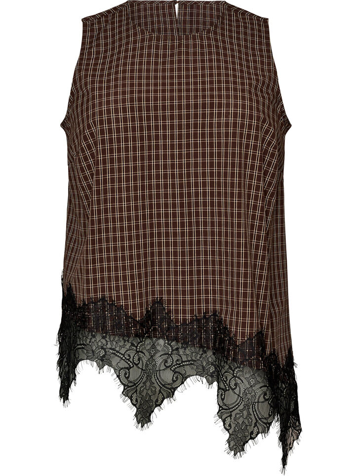 Checked top with asymmetric lace trim, Brown, Packshot image number 0