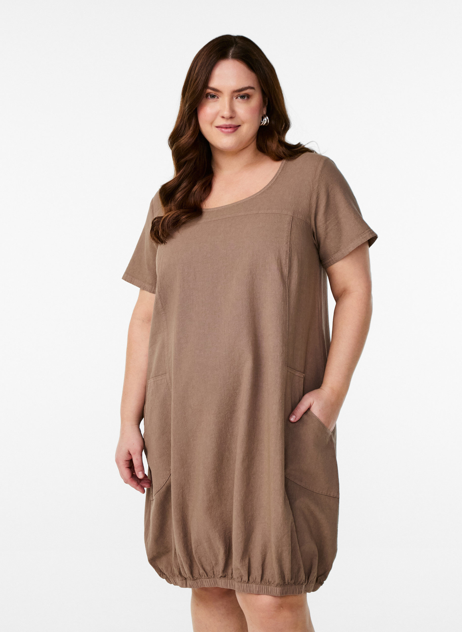 Short sleeve cotton dress, Brown, Model