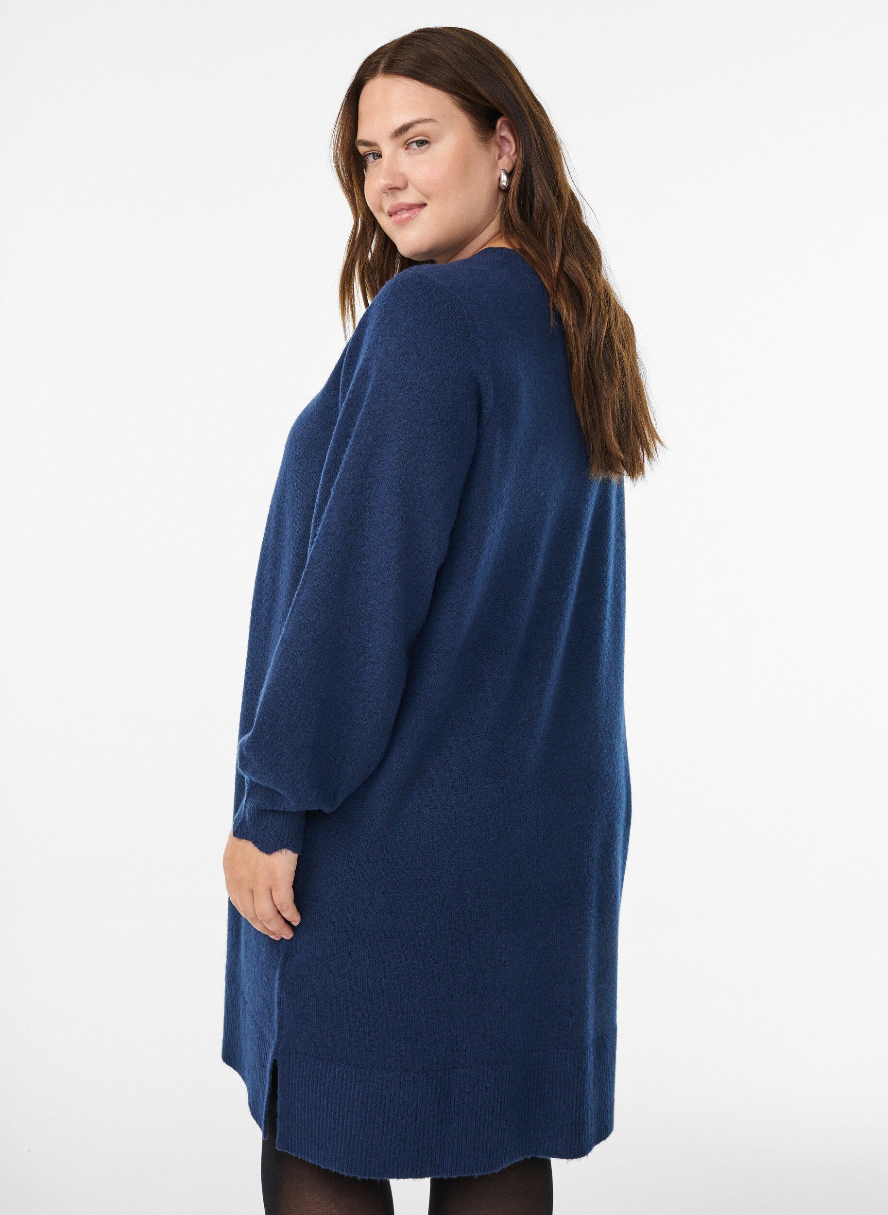 ZizzifashionShort knitted dress with wavy hem and slits, Blue, Model image number 2