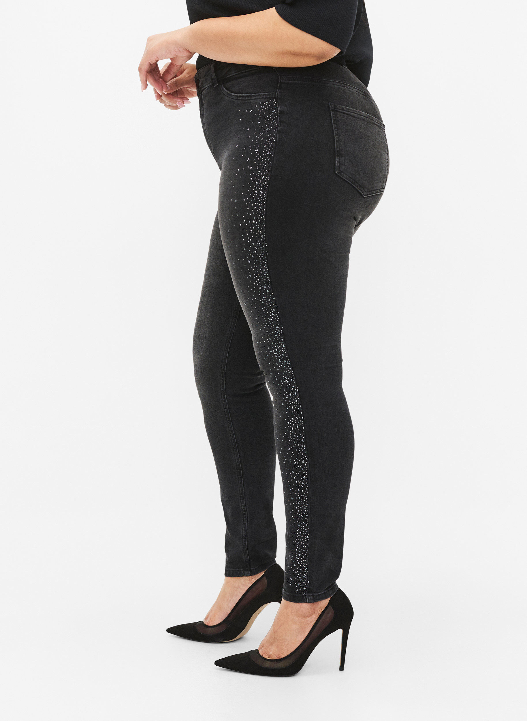 Zizzifashion High-waisted Amy jeans with rhinestones, Grey Denim, Model image number 3