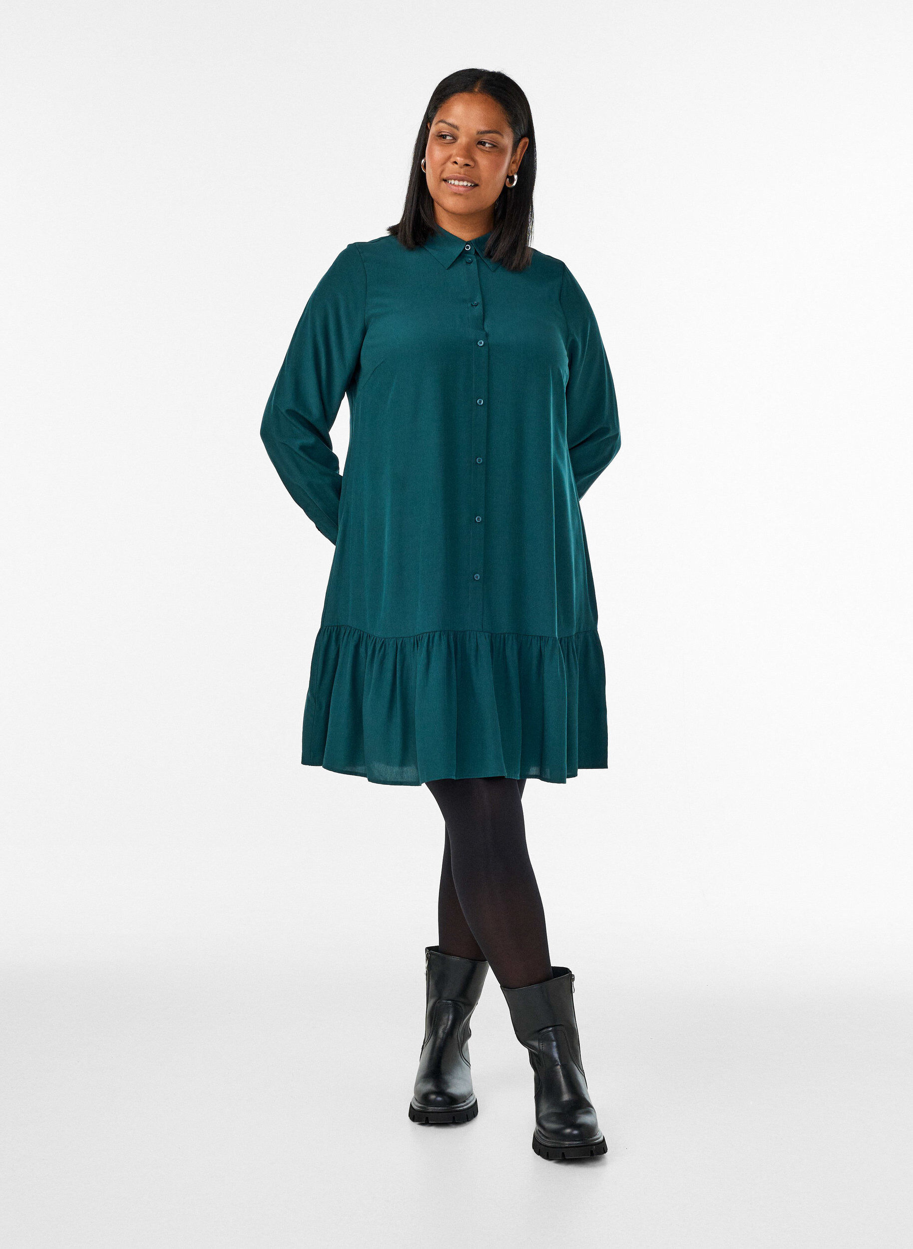 ZizzifashionShort shirt dress with ruffle tier, Green, Model image number 1