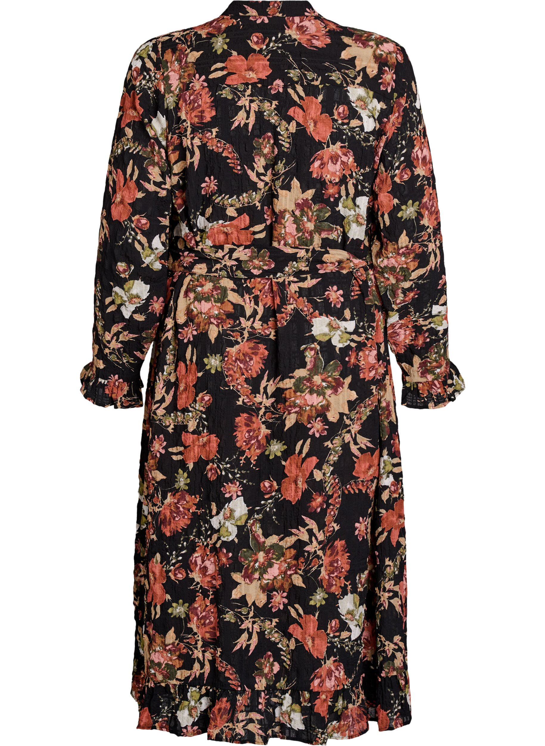 Zizzifashion Midi dress with floral print and detachable tie belt, Black, Packshot image number 1