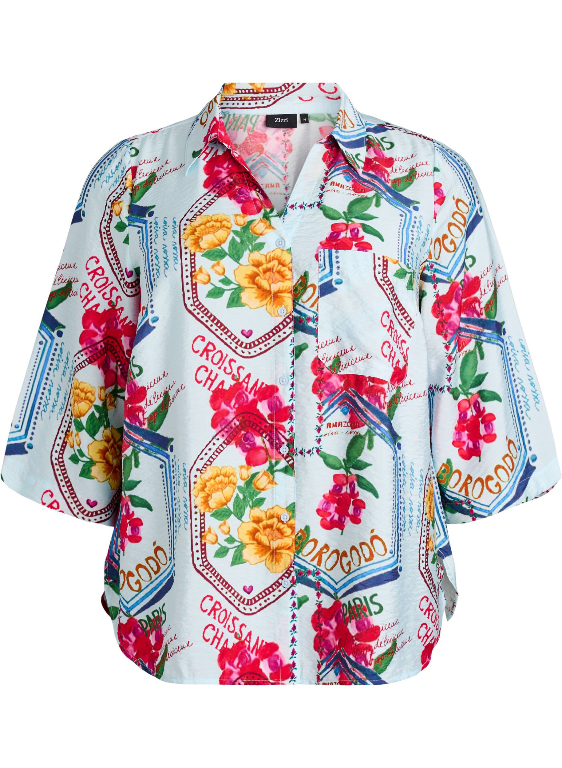 Zizzifashion Shirt blouse with elbow-length sleeves and colourful print, Light Blue, Packshot image number 0