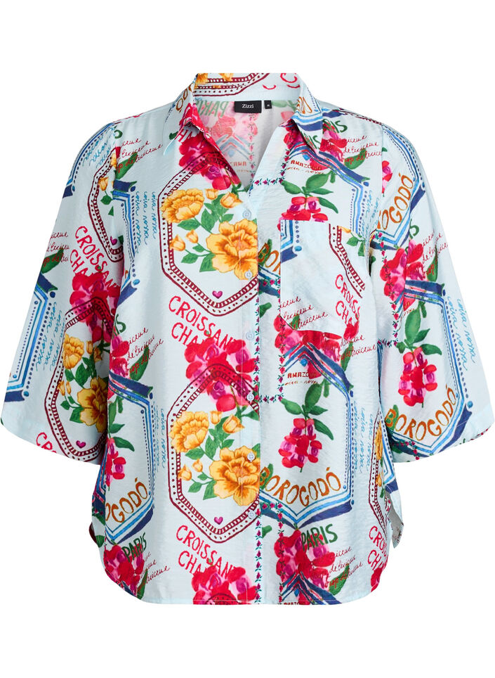Shirt blouse with elbow-length sleeves and colourful print, Light Blue, Packshot