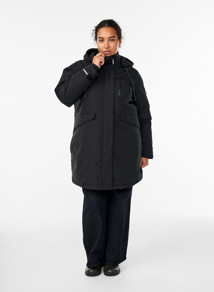 Water-repellent parka with a hood and functional details, Black, Model image number 1