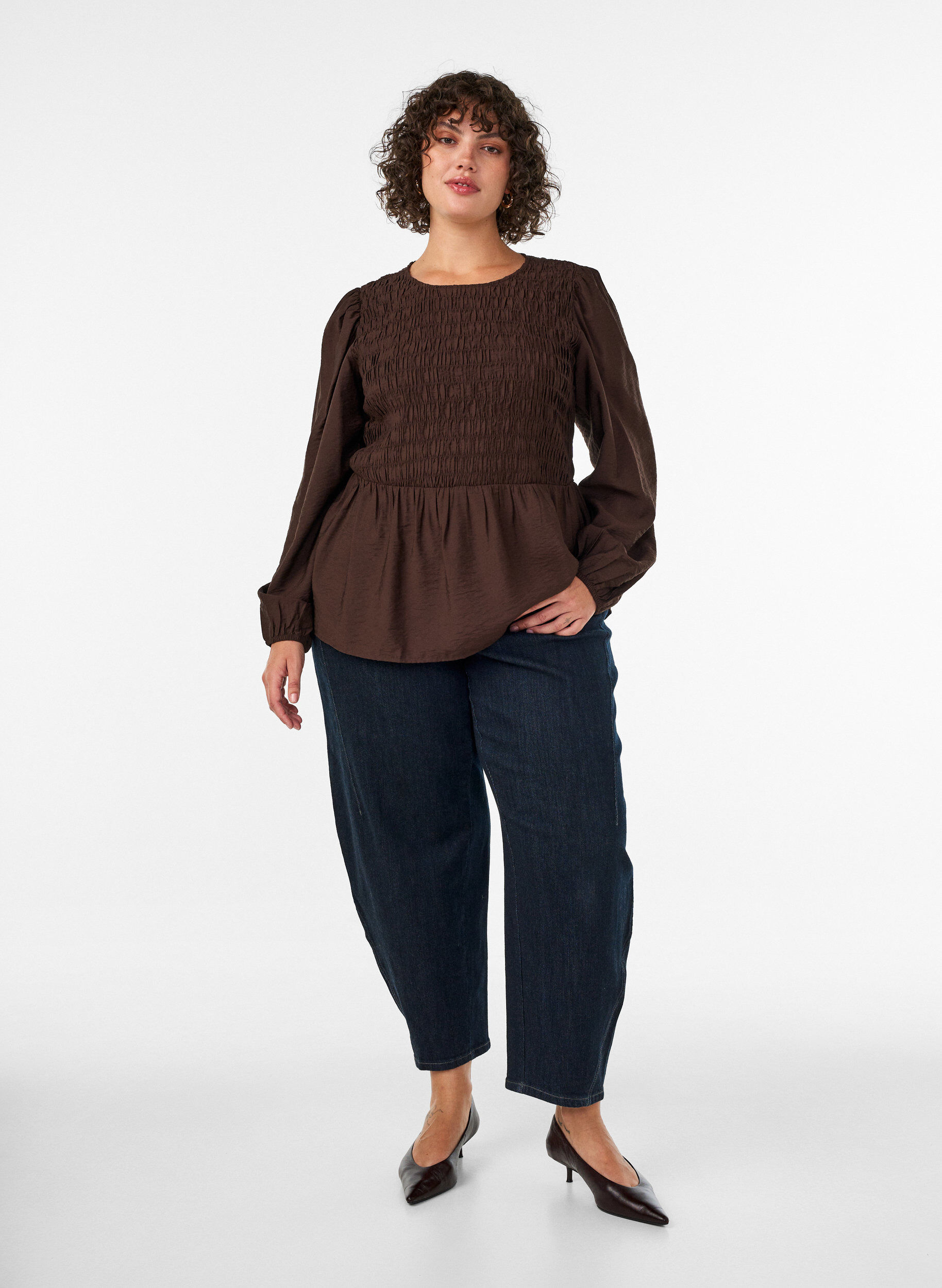 ZizzifashionBlouse with smock and long sleeves, Brown, Model image number 1