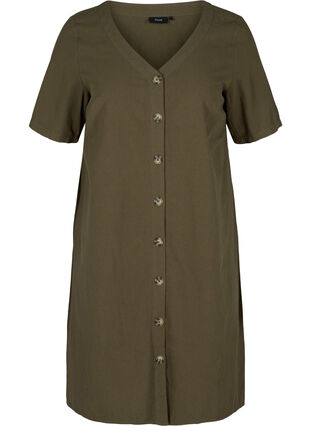 Short-sleeved cotton dress with buttons, Ivy Green, Packshot image number 0