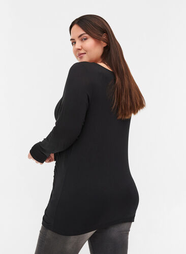 Long sleeve viscose blouse with V-neck and wrinkle, Black, Model image number 1
