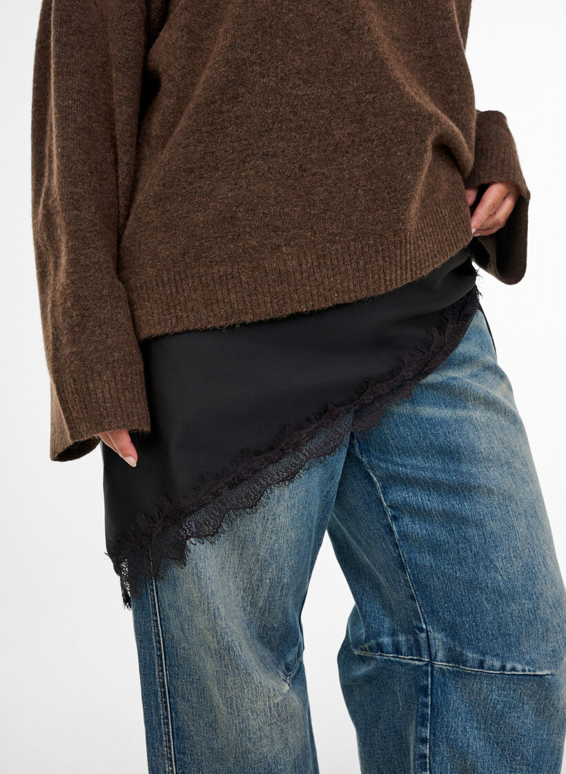 Satin scarf with lace hem, Black, Model image number 0