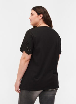 Short-sleeved blouse with broderie anglaise, Black, Model image number 1