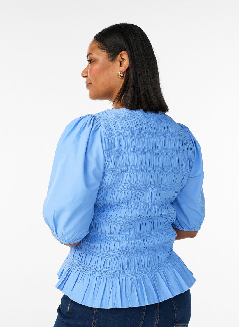 Smock blouse with a ruffle hem and boat neck, Blue, Model image number 2