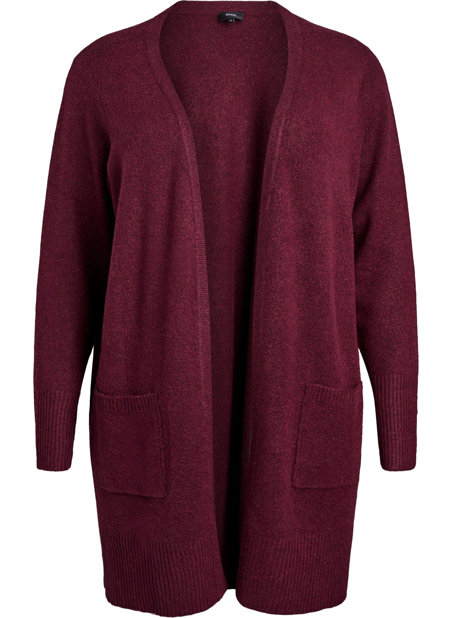 Zizzifashion Ribbed Knit Cardigan with Pockets, Dark Bordeaux, Packshot image number 0