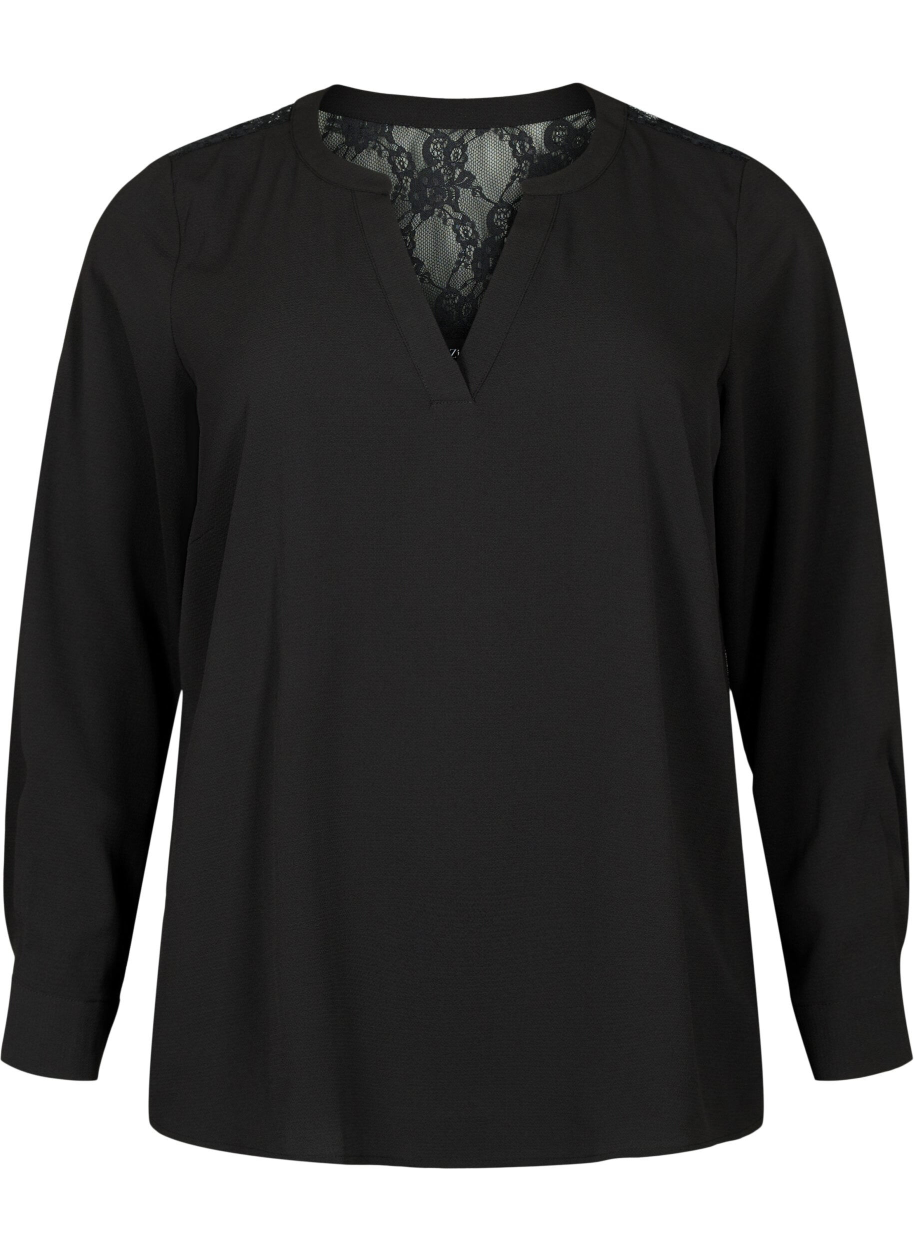 Zizzifashion Long-sleeved blouse with lace detail (GRS), Black, Packshot image number 0