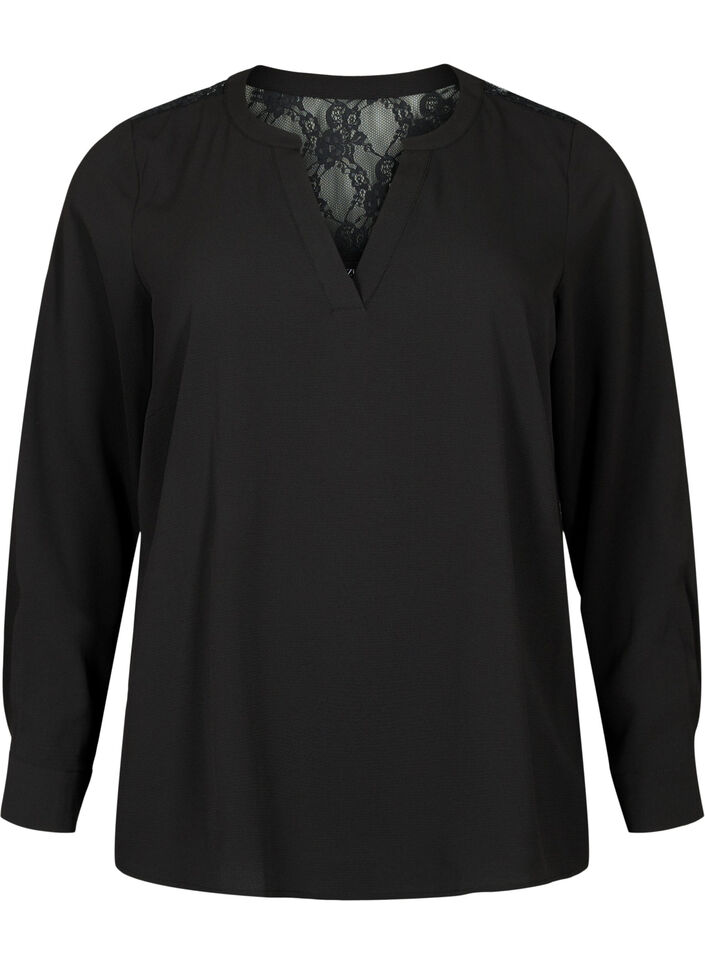 Long-sleeved blouse with lace detail (GRS), Black, Packshot image number 0