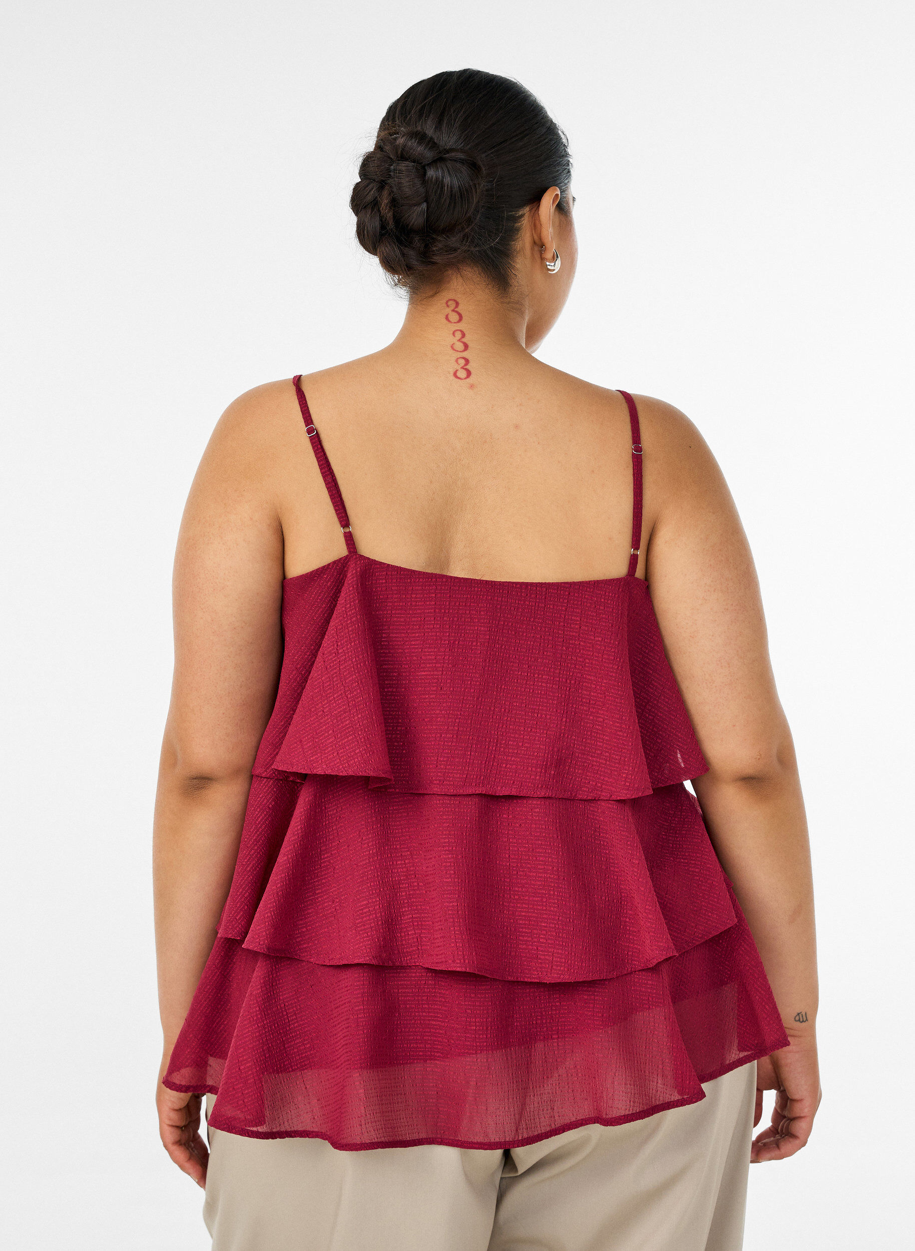 Zizzifashion Layered top with ruffles and spaghetti straps, Red, Model image number 2