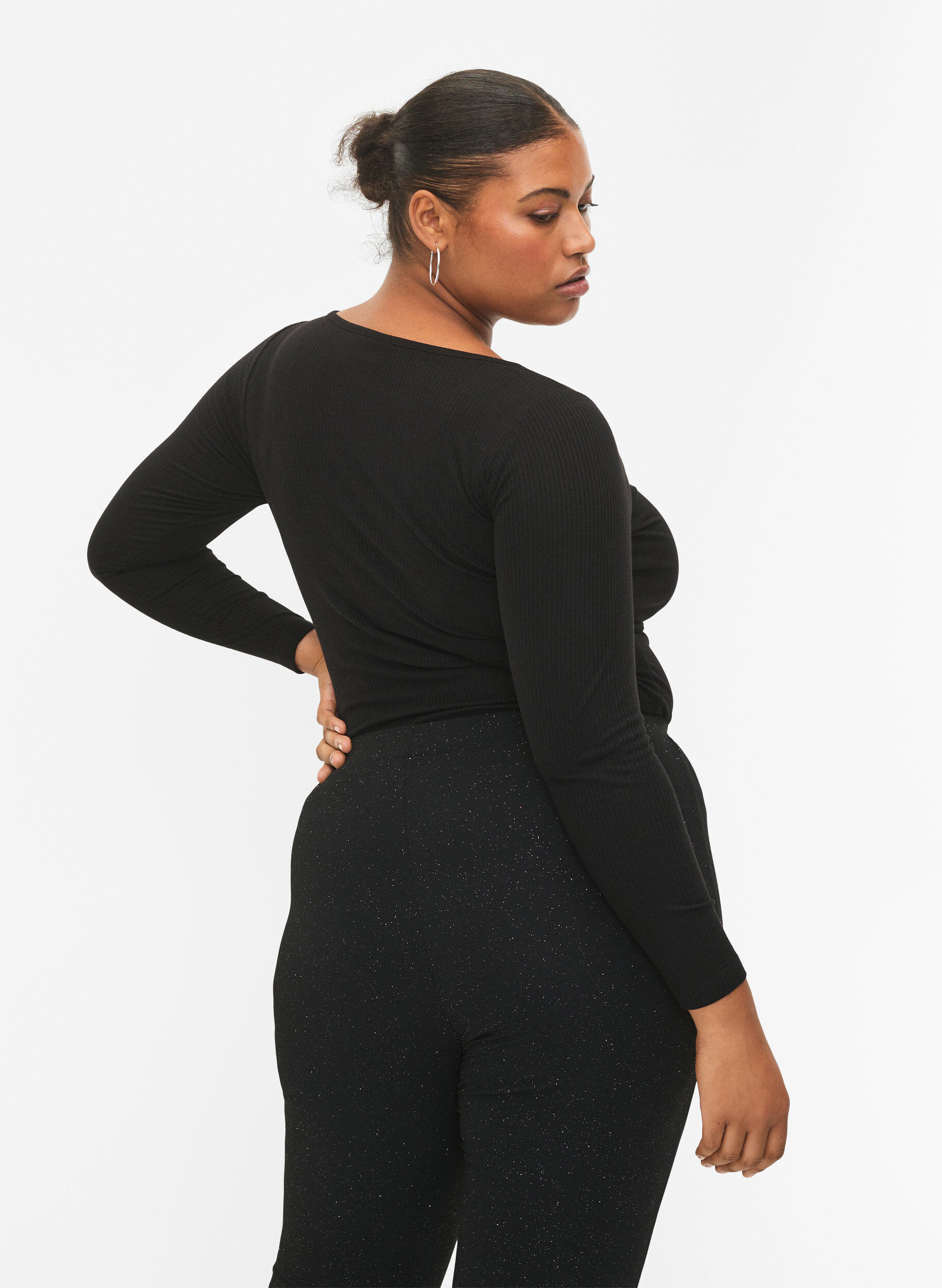 Zizzifashion Ribbed blouse with hole detail, Black, Model image number 1