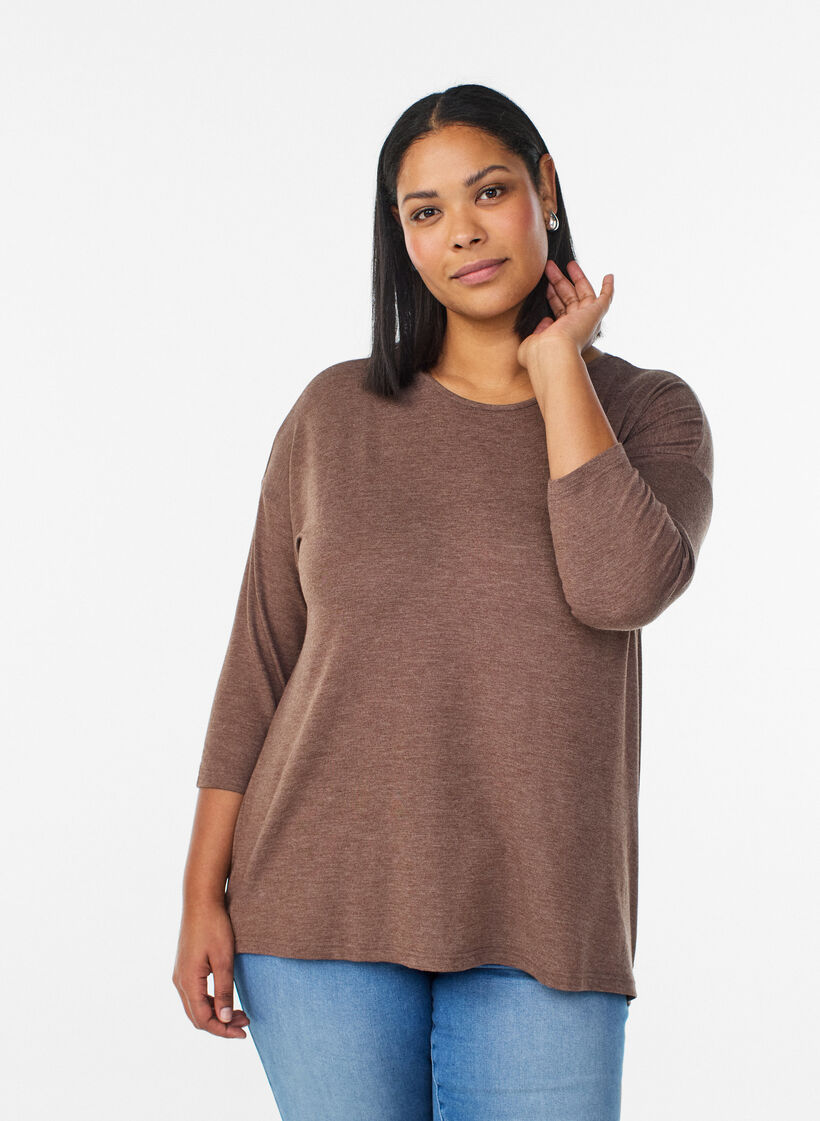 Jersey blouse with 3/4 sleeves, Brown, Model image number 0