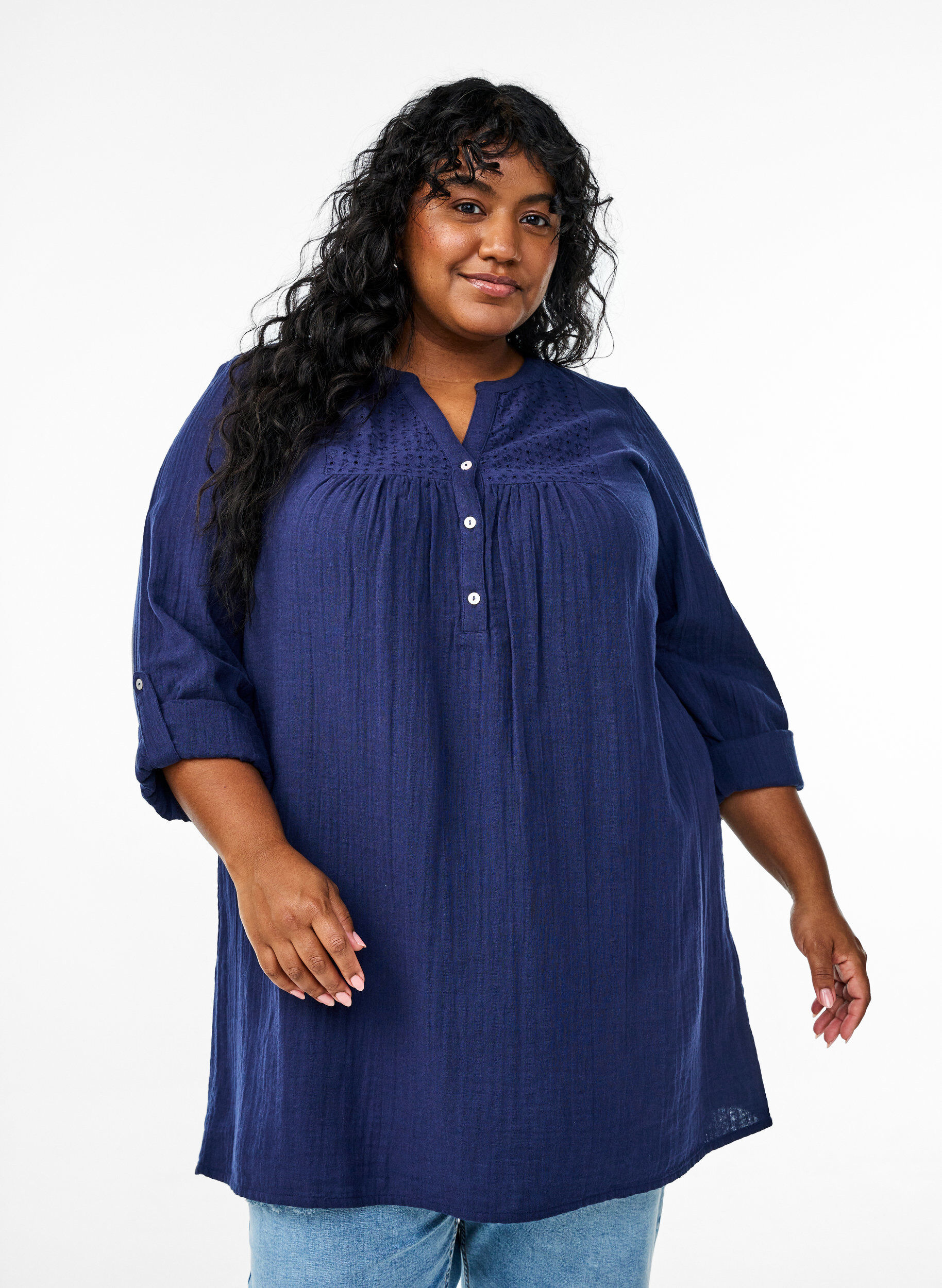 ZizzifashionCotton muslin tunic with broderie anglaise, Blue, Model image number 0