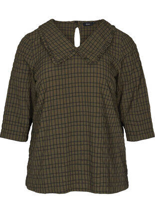 Checked blouse with 3/4 sleeves and ruffled collar, Ivy Green Check, Packshot image number 0