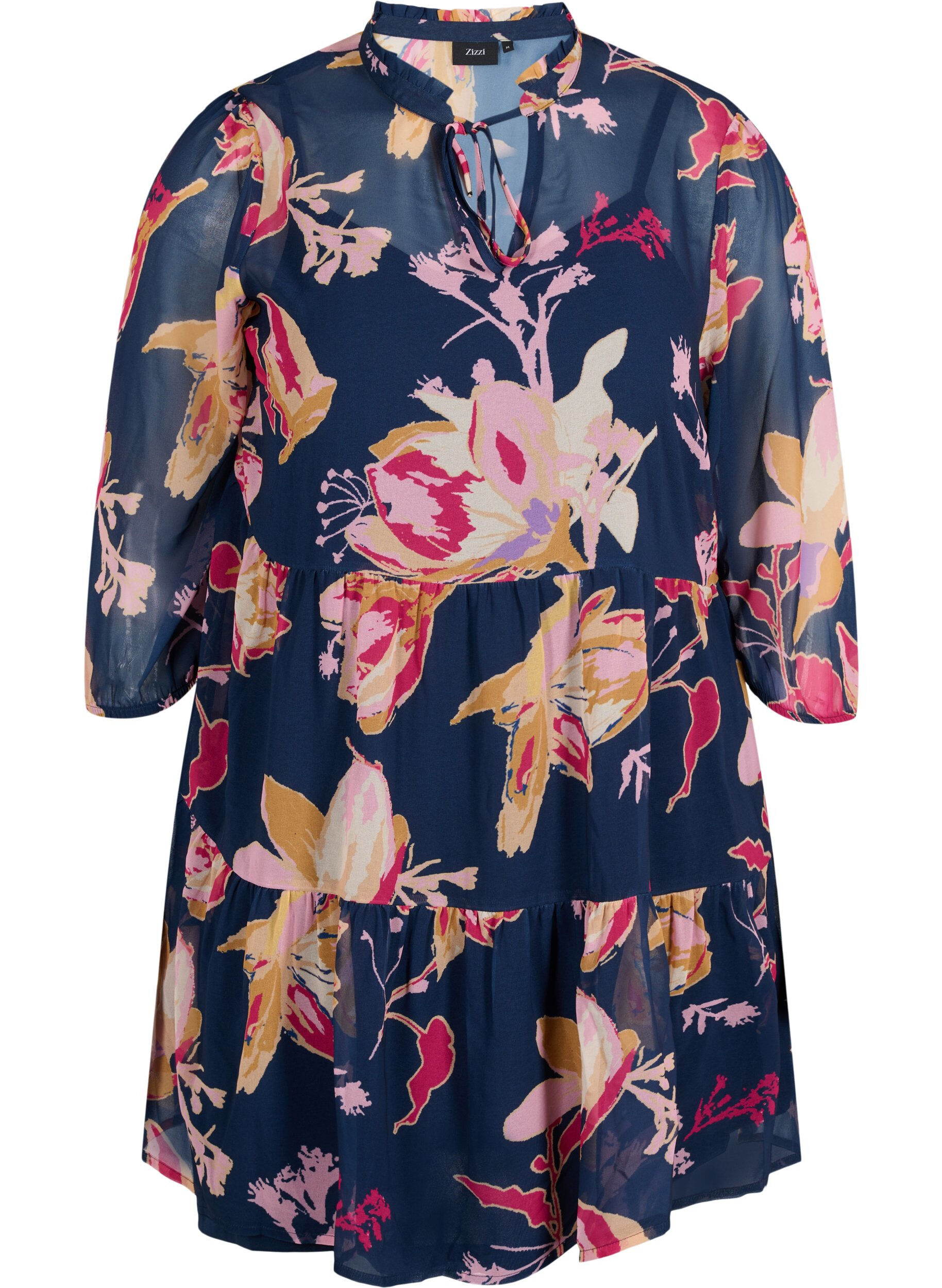 Zizzifashion Floral tunic with 3/4 sleeves and ruffle collar, Big Flower AOP, Packshot image number 0