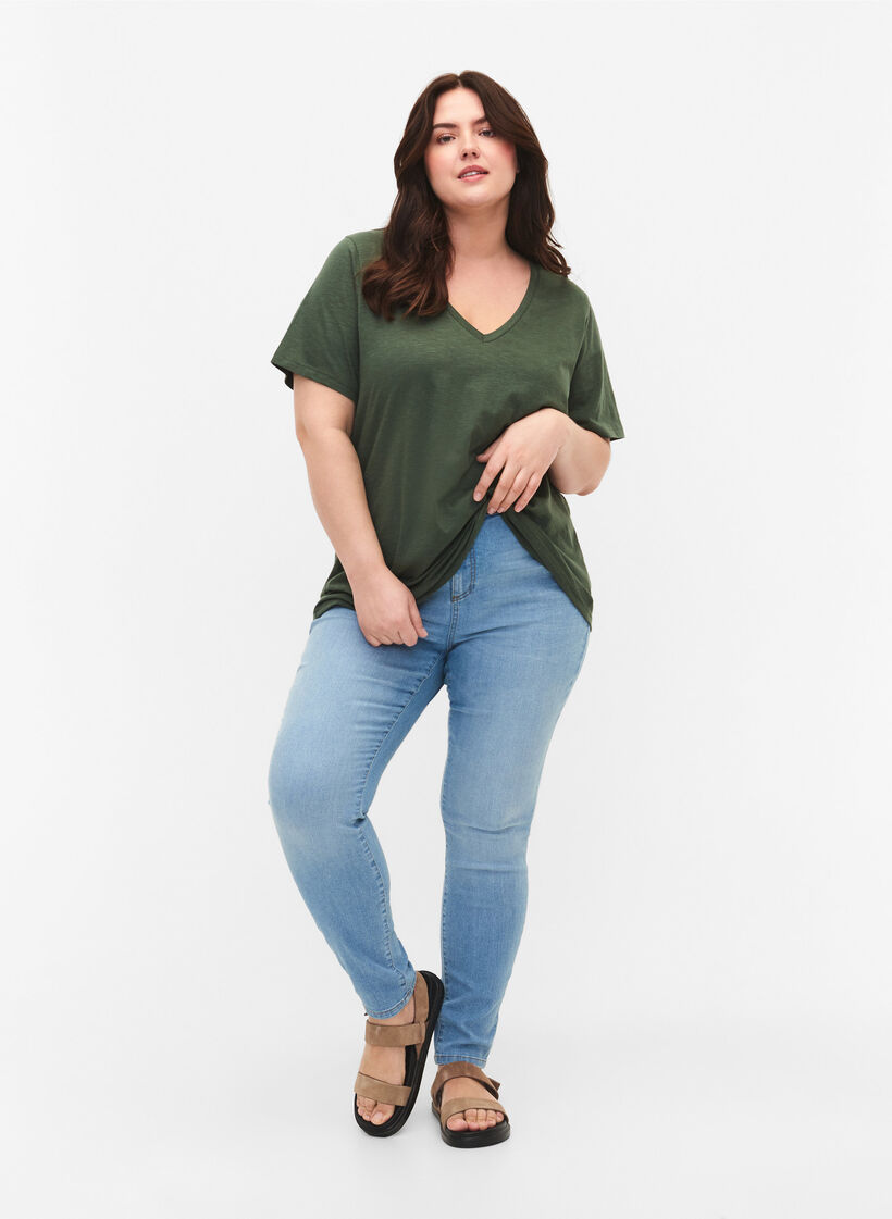 Short sleeve basic t-shirt with v-neck, Green, Model image number 1