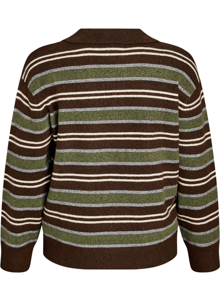 Knitted blouse with stripes and polo collar, Brown, Packshot