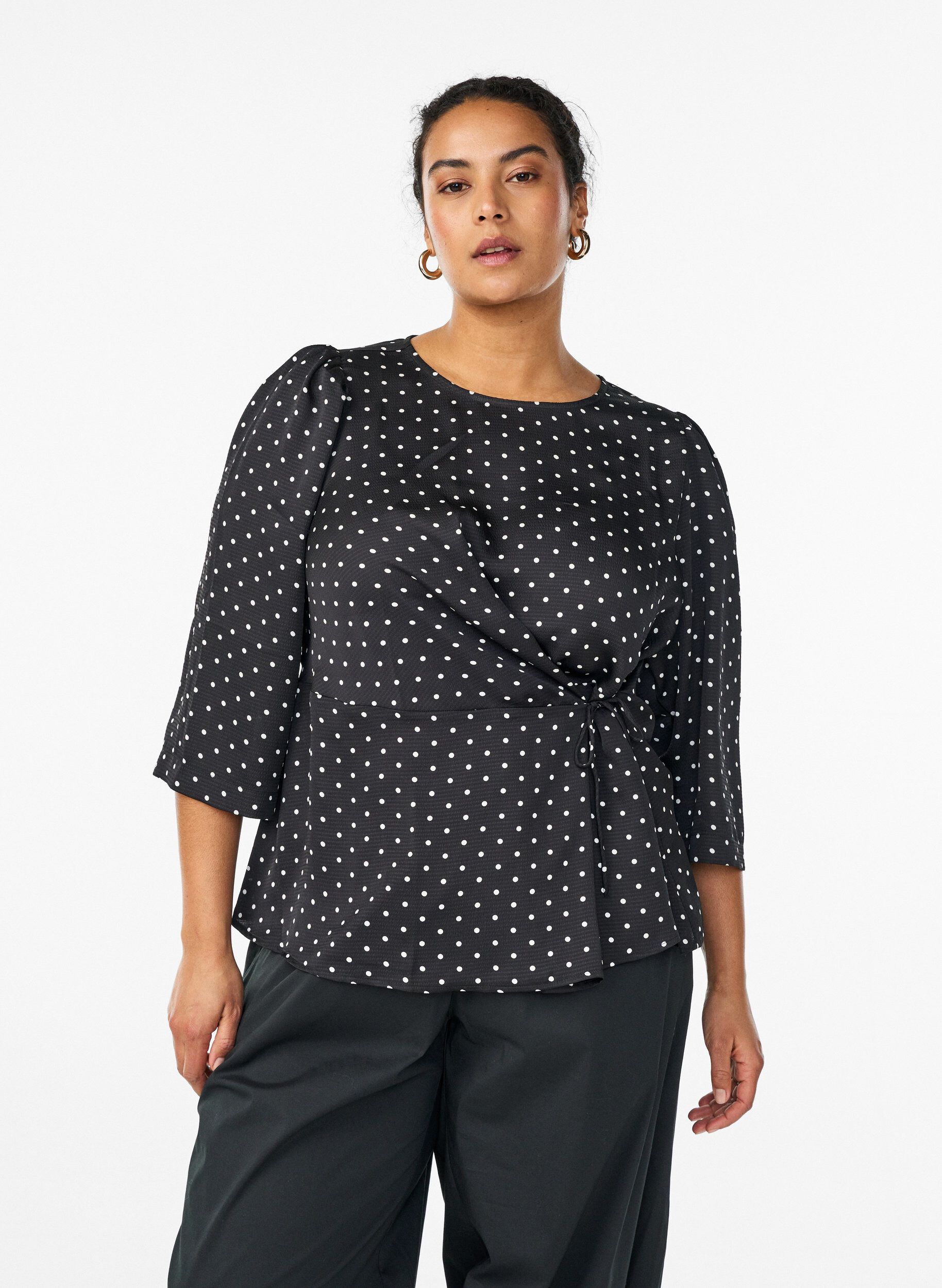 Zizzifashion Polka dot blouse with tie-fastening and 3/4-sleeves, Black, Model image number 0