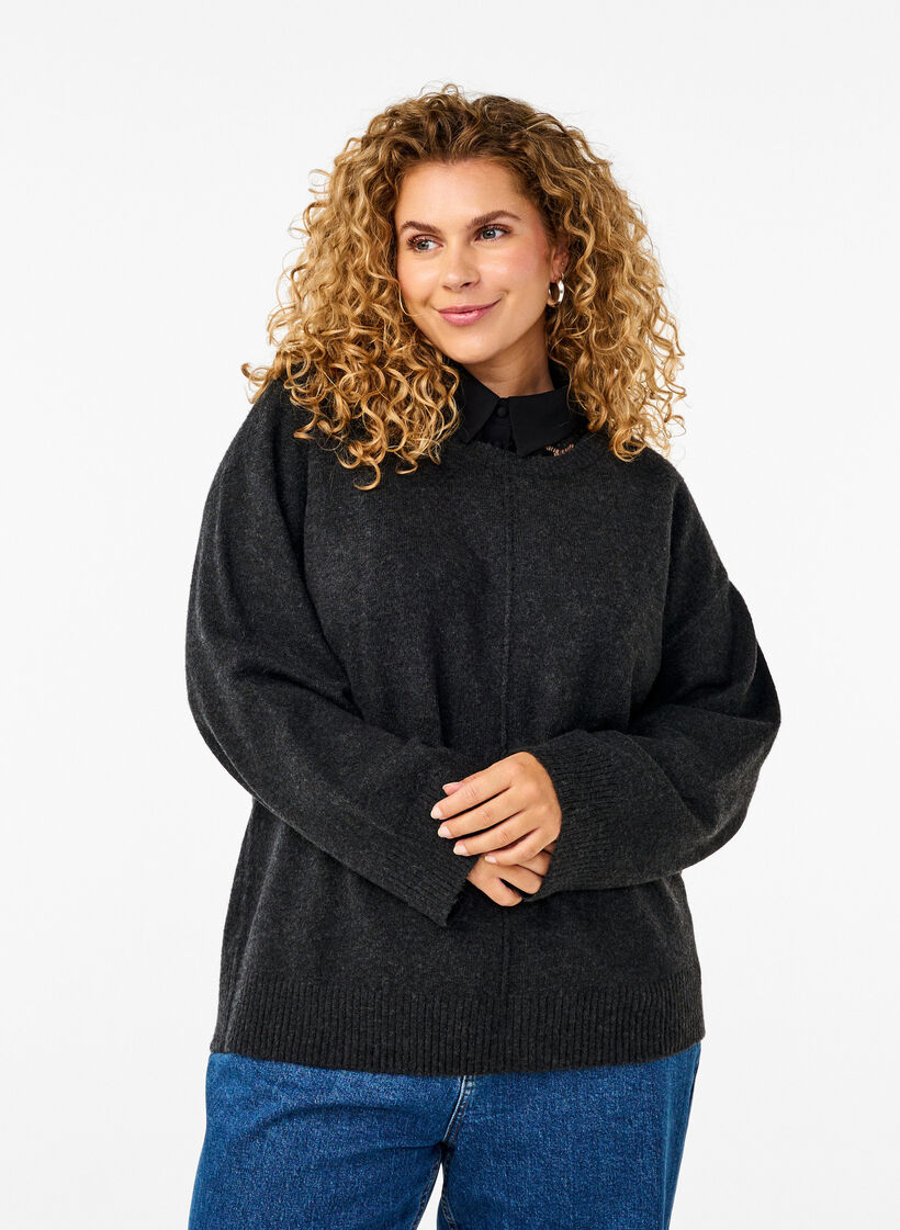 Knitted blouse with a round neck and center seam, Dark Grey Melange, Model image number 0