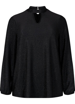 Long-sleeved glitter blouse with round neck and V-detail, Black Black, Packshot image number 0
