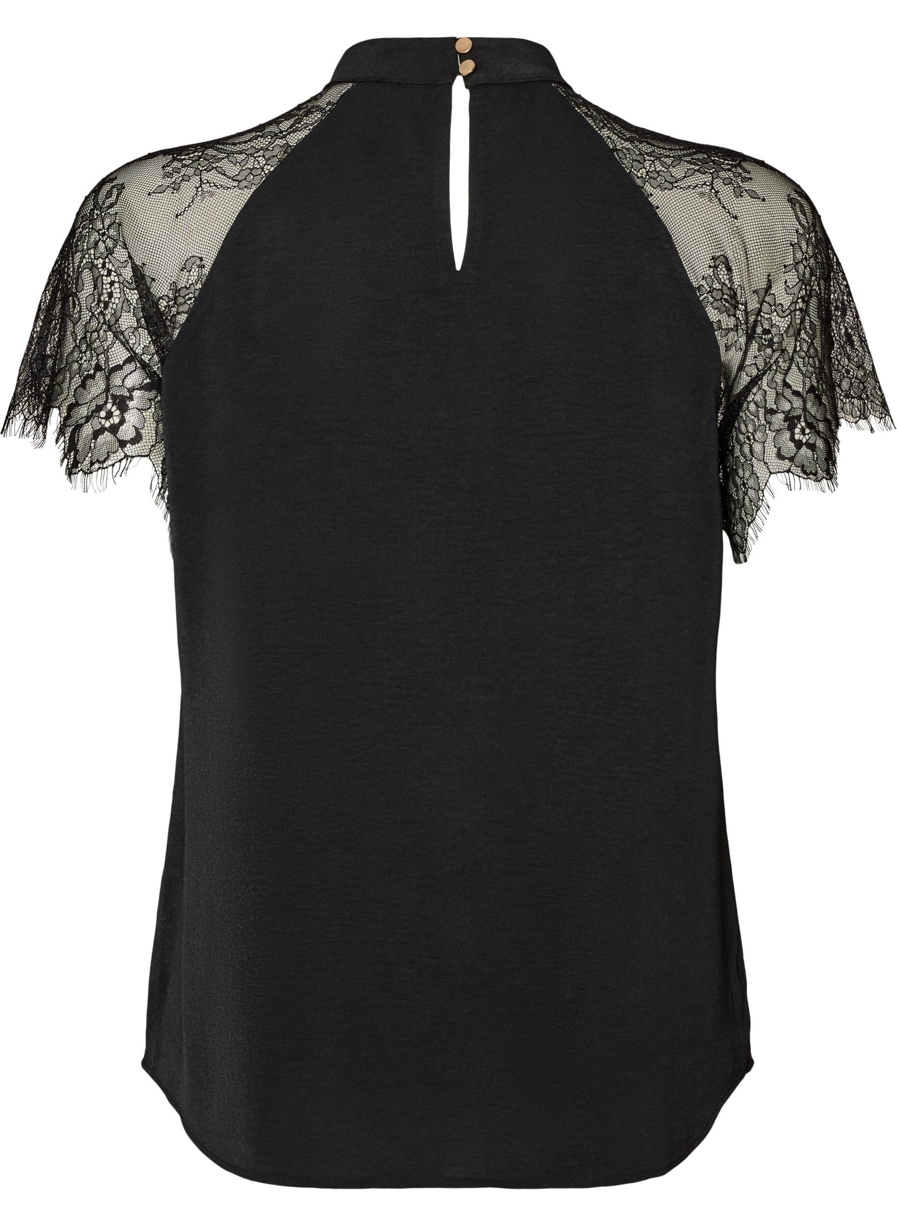 ZizzifashionBlouse with short lace sleeves and high neck, Black, Packshot image number 1