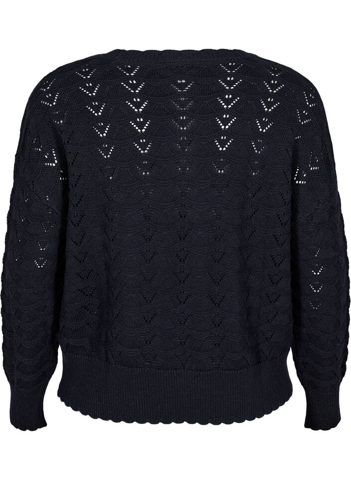 Long-sleeved knit blouse with an openwork pattern, Black, Packshot image number 1