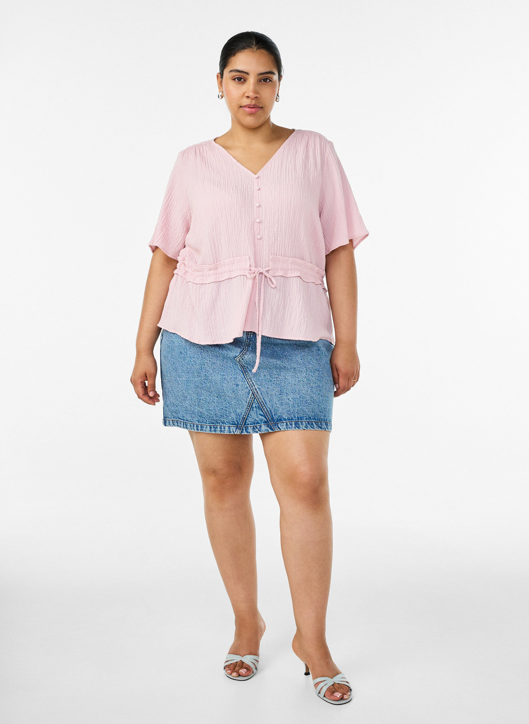 Zizzifashion Blouse with texture and a tie-waist, Pink, Model image number 1