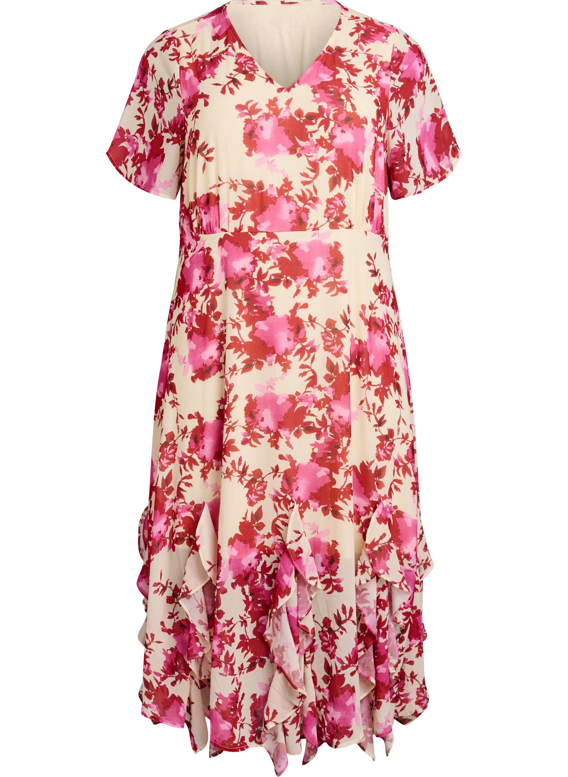 Floral chiffon dress with ruffle details and a V-neck