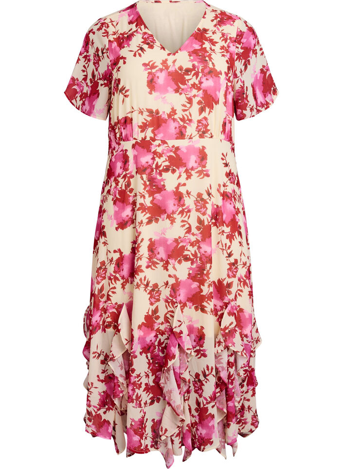 Floral chiffon dress with ruffle details and a V-neck, 9990, Packshot image number 0
