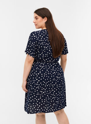 Short-sleeved, viscose wrap dress with dots, Night Sky Dot, Model image number 1