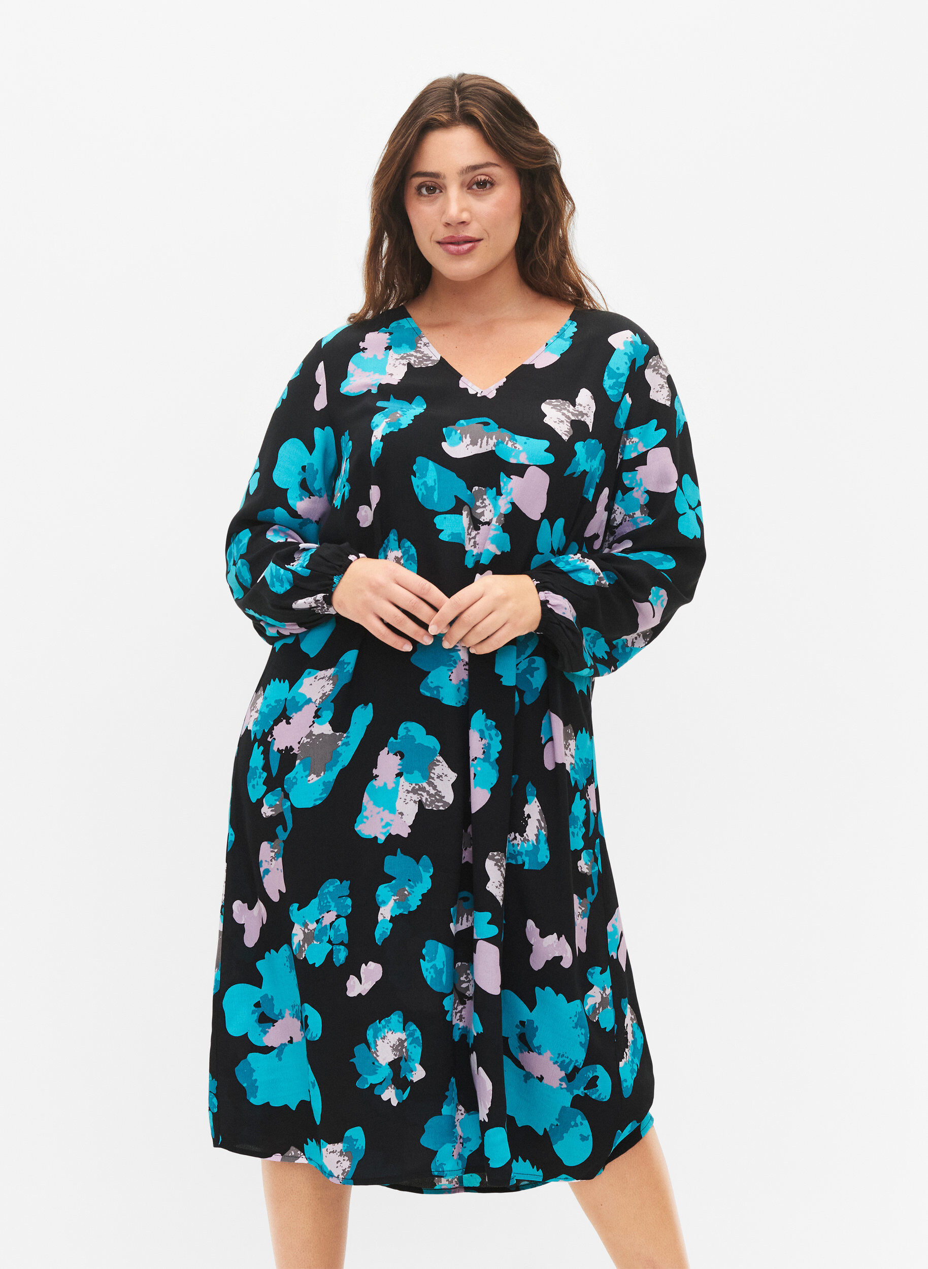 Zizzifashion Long-sleeved viscose dress with print, Blue AOP, Model image number 0