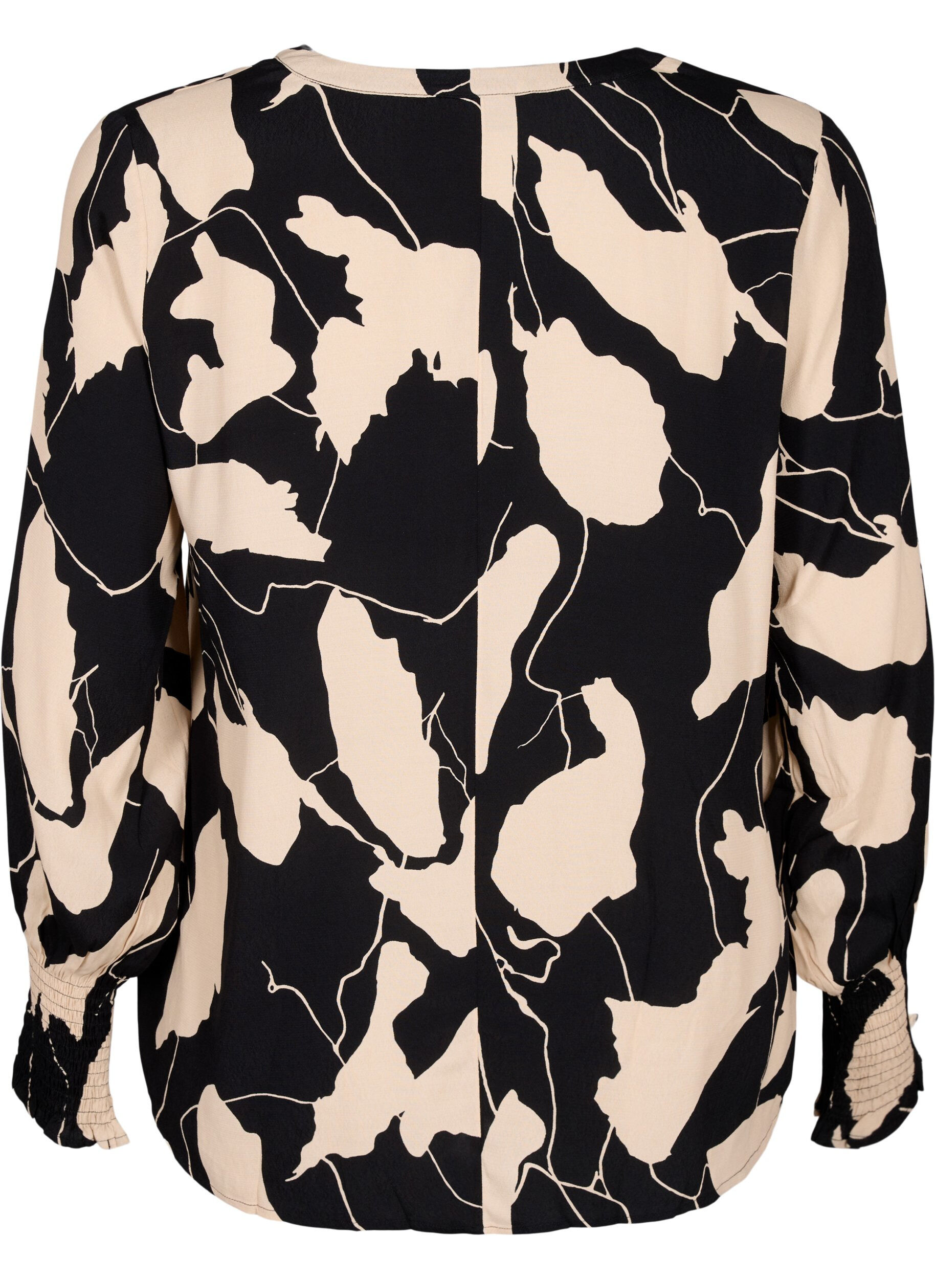 Zizzifashion Printed viscose blouse with smock, Black AOP, Packshot image number 1