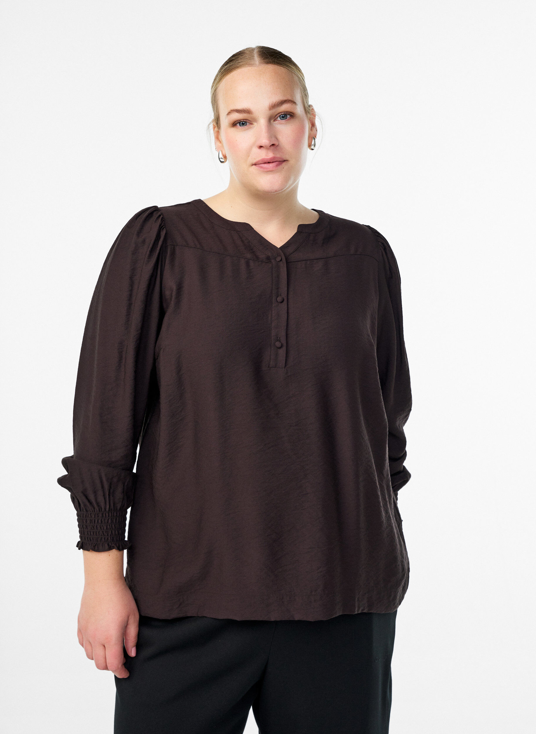 Viscose blouse with smock and gathered details, Brown, Model