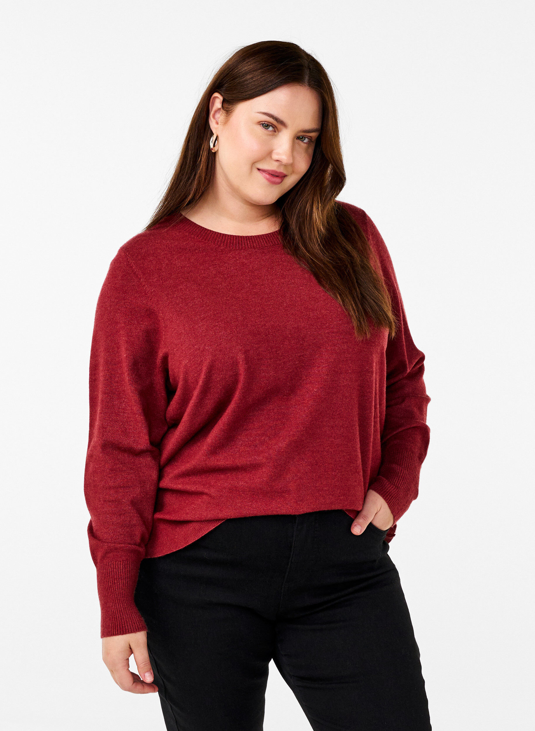 Knitted blouse with a round neck, Red, Model