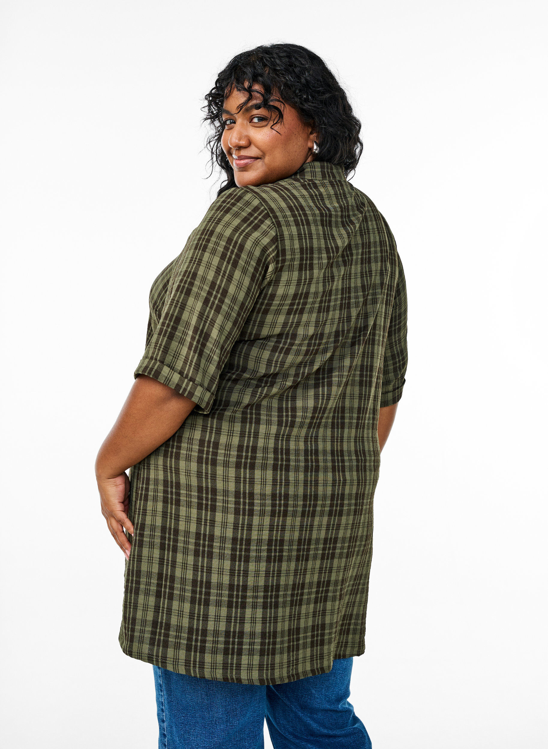 Zizzifashion Tunic with short sleeves and checkered pattern, Green, Model image number 2