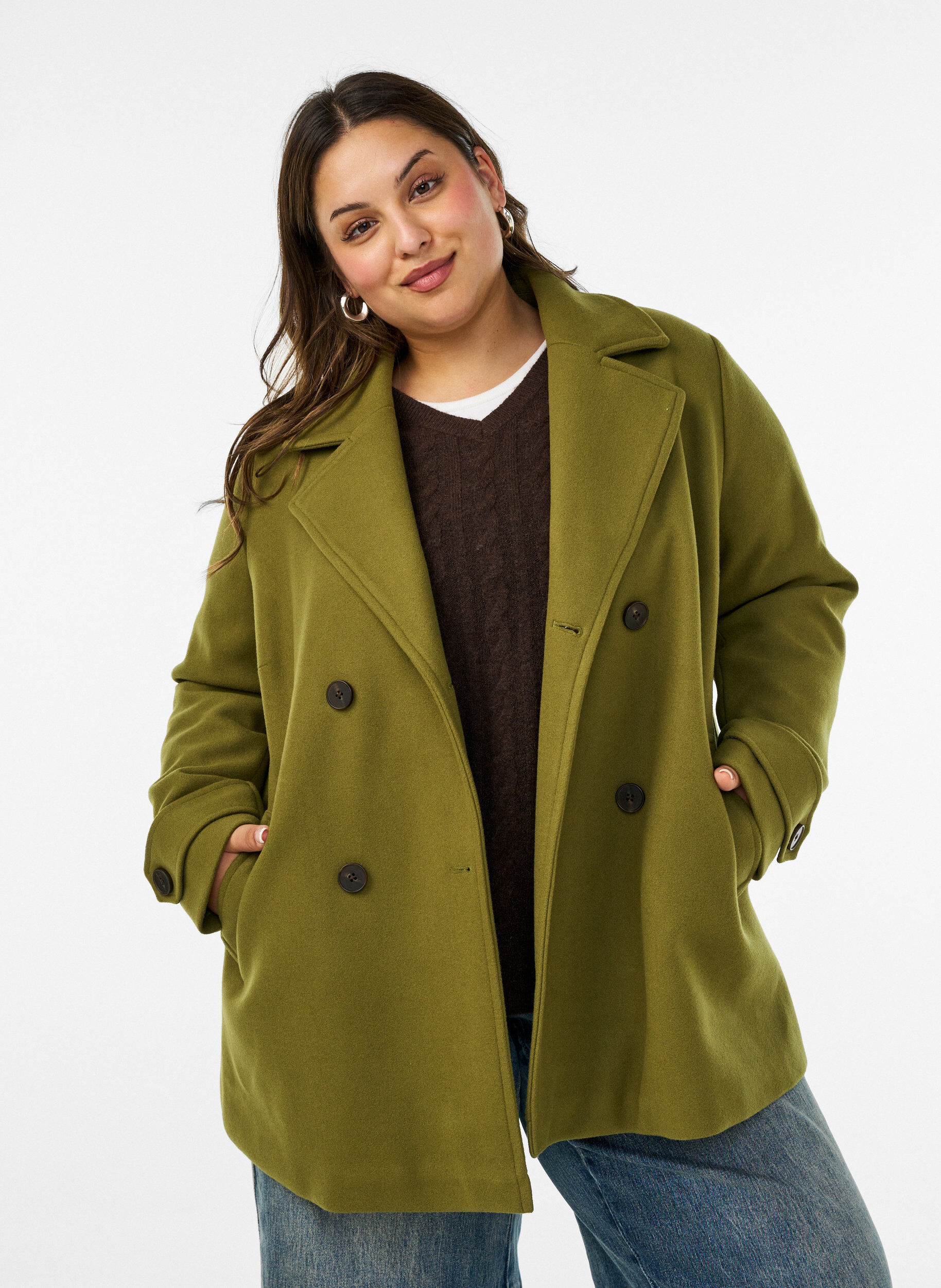 Short coat with double-breasted button closure, Green, Model