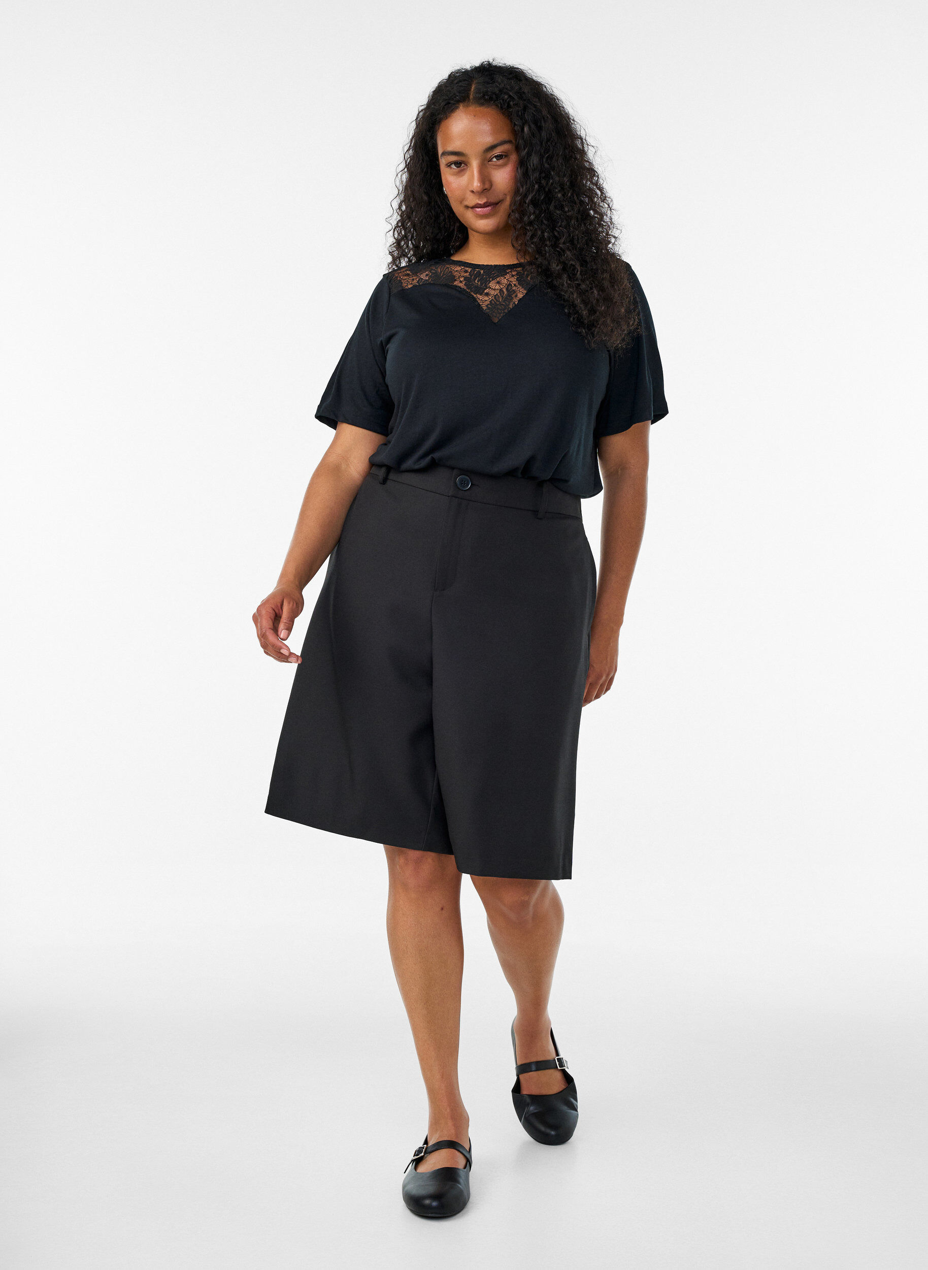 Zizzifashion Blouse with lace insert and balloon sleeves, Black, Model image number 1