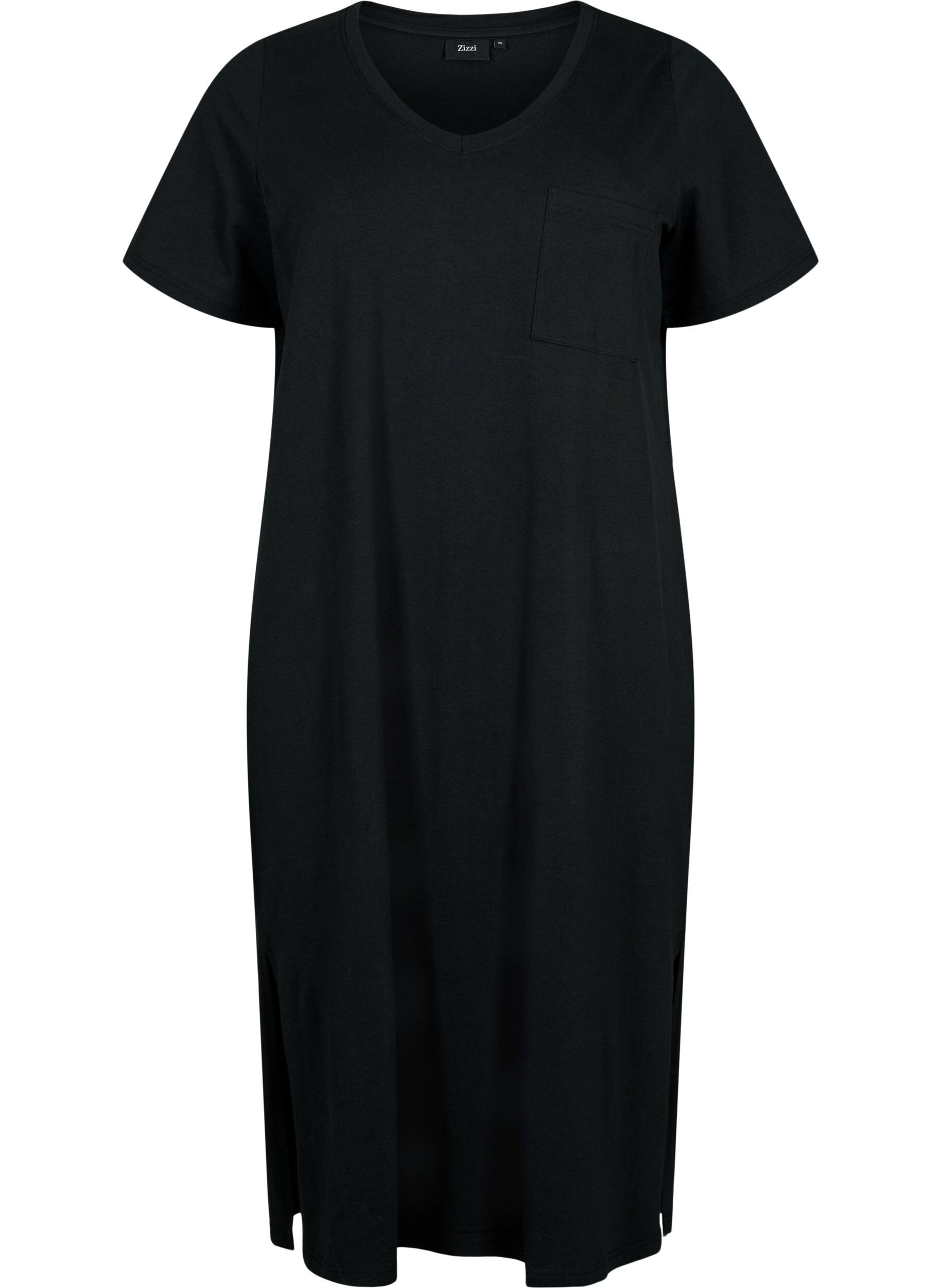 Zizzifashion Short sleeve cotton dress with slit, Black, Packshot image number 0