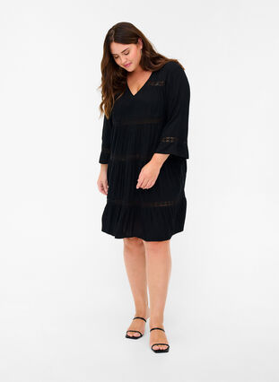 Viscose A-line dress with lace trim, Black, Model image number 2