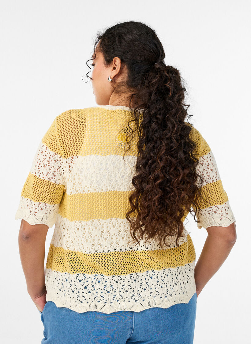 Knitted cardigan with eyelet embroidery and stripes, Yellow, Model image number 2