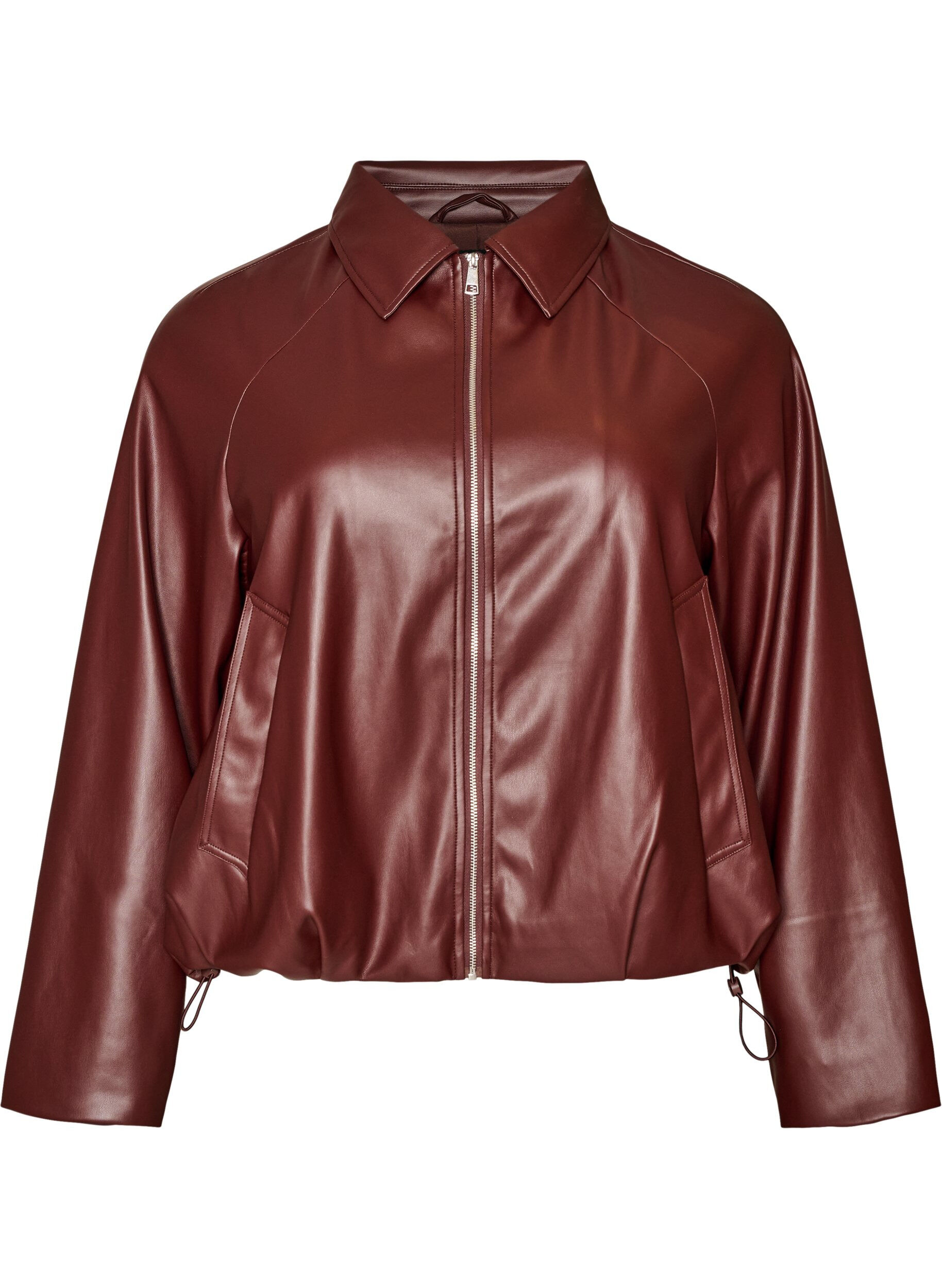Faux leather bomber jacket with a drawstring hem